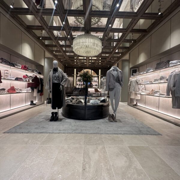 Mirrored ceiling in a timber coffered frame at the entrance of Brunello Cucinelli, Sloane Street, London